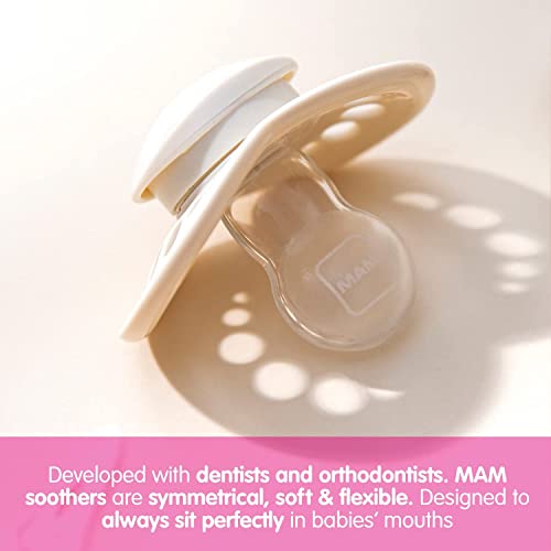 MAM Original Pure Soother 16and Months (Set of 2), Baby Soother Made from Sustainable and Bio-Renewable Material, SkinSoft Silicone Teat, with MAM Soother Case, Pink/Purple (Designs May Vary)