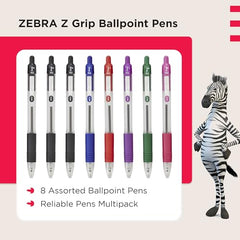 Zebra Pen Z Grip Assorted Ballpoint Pens with Pocket Clip 8pk Retractable Assorted Ink Ballpoint Pens, Reliable Assorted Biro Pens Multipack for Everyday Use Design, New Pack Size 8pk