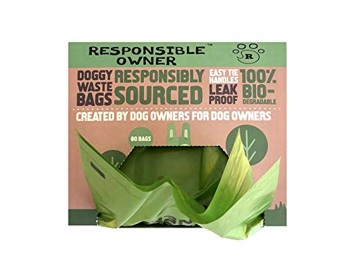 Responsible Owner Dog Poo Bags, 80 Environmentally Friendly, Extra Thick, Super Strong, 100% Biodegradable Dog Bags, With Easy-tie Handles, Leak-proof, Each Dog Poo Bag Measures 17 x 37cm,Earth Green