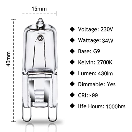 GMY G9 Halogen Light Bulbs 34W G9 Capsule Light Bulbs 230V 2700K Warm White Dimmable 10 Pack