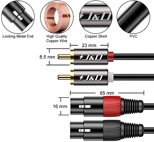 J&D 2 RCA to 2 XLR Cable, PVC Shelled unbalanced Dual XLR Female to Dual RCA Male HiFi Audio Stereo Audio Interconnect Cable for Speaker Condenser Mic Mixer AMP, 6 Feet