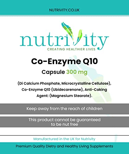 CoQ10 300mg Vegan Capsule - Co Enzyme Q10 High Strength Naturally Fermented Ubiquinone - Made in The UK by Nutrivity (60)