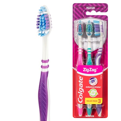 Colgate Zig Zag Medium Toothbrush Pack of 3, Multi Angle Cross Bristles with Flexible Neck for Gum Comfort, 3 Count (Pack of 1).