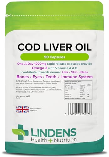 Lindens Cod Liver Oil 1000mg Capsules - 90 Pack - High in Omega 3, Vitamins A & D Contributes Towards Normal Skin, Hair, Nails, Bones, Eyes, Teeth, Brain & Immune System - UK Manufacturer, Letterbox Friendly