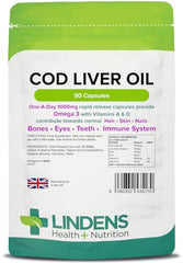 Lindens Cod Liver Oil 1000mg Capsules - 90 Pack - High in Omega 3, Vitamins A & D Contributes Towards Normal Skin, Hair, Nails, Bones, Eyes, Teeth, Brain & Immune System - UK Manufacturer, Letterbox Friendly