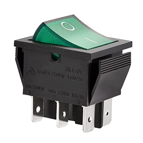 Heschen Rocker Switch ON-OFF DPDT 6 Terminals Green Light Illuminated 16A 250VAC 2Pack