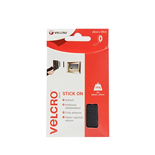 VELCRO Brand Stick On Tape Cut-to-Length Strong Hook & Loop Self Adhesive Sticky Tape Perfect for Room Décor & Home, Office, Garage Use Black 20mm x 50cm