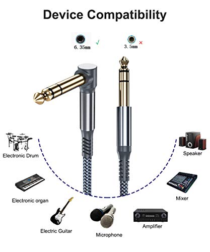 Elebase 1/4 Inch TRS Instrument Cable 1M 2-Pack,Right-Angled to Straight 6.35mm Male Jack Stereo Audio Cord,6.35 Balanced Interconnect Line for Electric Guitar,Bass,Keyboard,Mixer,Amplifier,Speaker