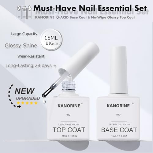 KANORINE 15ml Gel Polish Top and Base Coat set - No Wipe Gel Top Coat and Base Coat Gel Nail Polish Set 15ml, Soak Off Gel Polish Nail Art Manicure Salon DIY Glossy Shine Finish