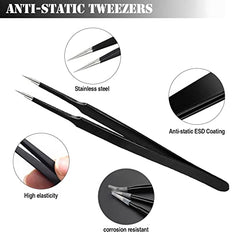 3pcs Anti-Static Precision Tweezers Set Modelling Tweezers for Crafting Include Needle Nose Thin Curved Tweezers for Electronic Repair, Handicraft, Laboratory, Jewelry Manufacturing etc