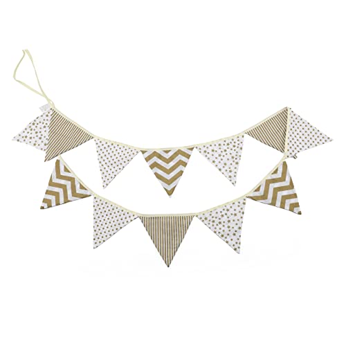 G2PLUS Gold Fabric Bunting Banner, 10.8 Feet Star Strip Cotton Garlands, 12PCS Double Sided Fabric Triangle Pennants for Birthday Wedding Afternoon Tea Garden Party