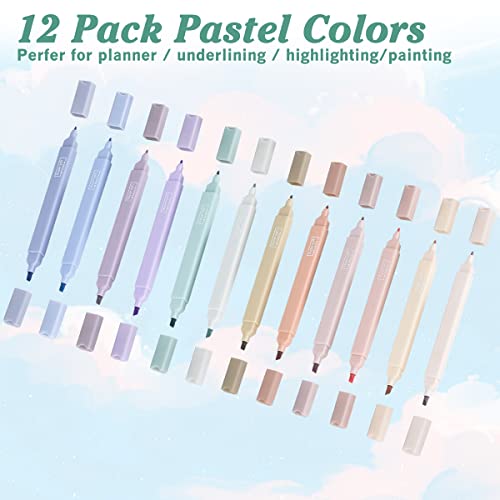 12 Pack Aesthetic Cute Highlighters Assorted Colors Pastel Highlighters with Soft Chisel Tip Bible Highlighters Marker Pens No Bleed for Journaling Notes School Office Supplies