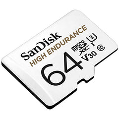 SanDisk HIGH ENDURANCE Video Monitoring for Dashcams & Home Monitoring 64 GB microSDXC Memory Card and SD Adaptor, Up to 100 MB/s read and 40 MB/s Write, Class 10, U3, V30, White