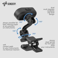 Sondery Clip On Tuner Rechargeable TFT Screen for Guitar Bass Ukulele and Wind Instruments, Headstock Chromatic Tuner Calibration 410-460Hz, Easy to Read in Strong Lights, Dual Rotatable Clip Design