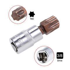 sourcing map 3/8 inches Drive x T60 Torx Bit Socket, S2 Steel Bits CR-V Sockets 38mm Length Use with Ratchet Wrench, Slide Bar, Extension Rod