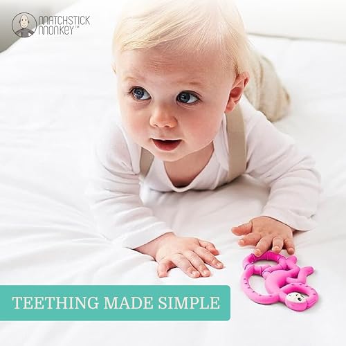 Matchstick Monkey, Antimicrobial Silicone Teether, Easy To Grip, BPA Free, 3 Months Oldand, 10 cm, Pink Mini Monkey