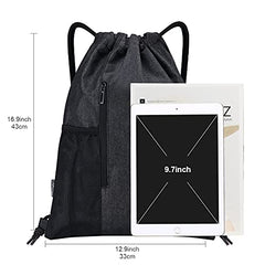 LIVACASA Gym Sack Drawstring Bag Sports Travel Drawstring Bag Water Repellency Mesh Pocket for Water Bottle Light Backpack Sack with Earphones Hole for Men Women Black