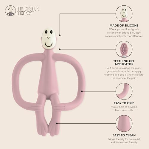 Matchstick Monkey, Original Teether & Gel Applicator, Antimicrobial Silicone Teething Toys for Baby, Easy to Grip, BPA Free, 3 Months Oldand, 10.5 cm, Dusty Pink Monkey