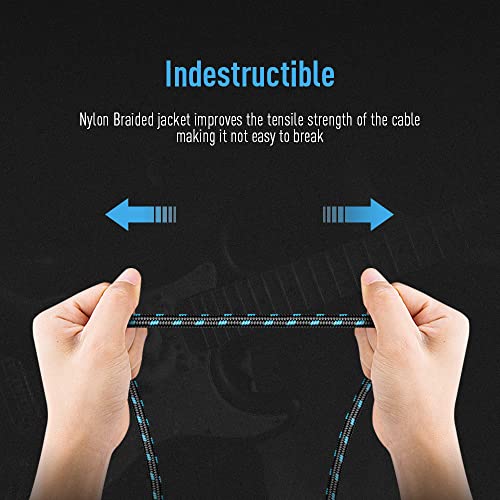 SONICAKE Braided Guitar Cable 6m/20ft Guitar Instrument Cable 6.35mm 1/4 inches Right Angle to Straight Black Blue