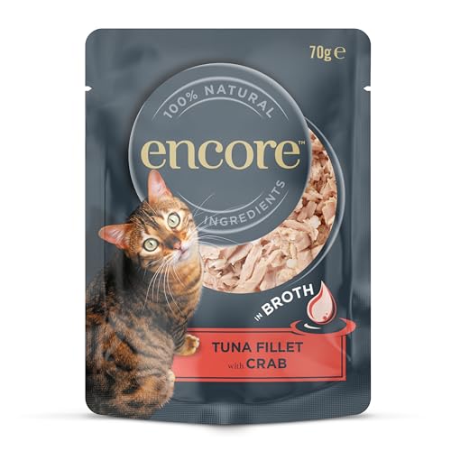 Encore 100% Natural Wet Cat Food Pouch, Succulent Tuna with Pacific Crab in Broth 70g Pouch (16 x 70g Pouches)