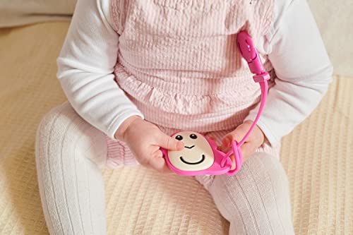 Matchstick Monkey, Antimicrobial Silicone Flat Face Teether (8 cm) and Soother Clip (19 cm), Easy To Grip, BPA Free, 3 Months Oldand, Pink Monkey Set