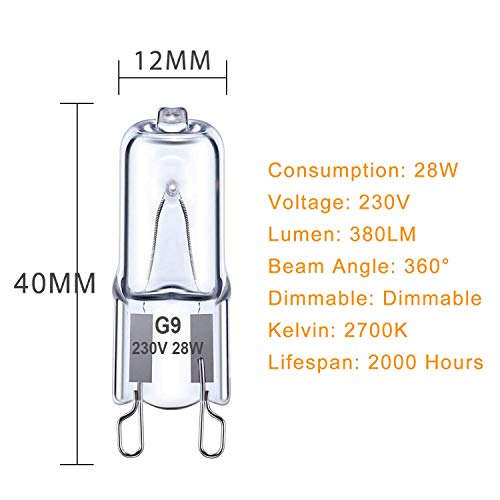 Ugvmn G9 Halogen Light Bulbs 28W, G9 Clear Capsule Bulb Warm White 2700K, G9 Oven Bulb No Strobe, G9 Bi-Pin Base No Flicker, Dimmable, AC 220-240V,10 Pack