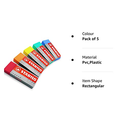 STABILO Legend Plastic Eraser Pack of 5 Blue, Green, Orange, Red, Yellow