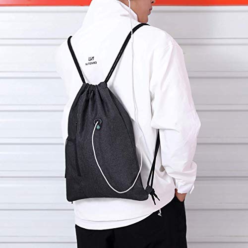 LIVACASA Gym Sack Drawstring Bag Sports Travel Drawstring Bag Water Repellency Mesh Pocket for Water Bottle Light Backpack Sack with Earphones Hole for Men Women Black