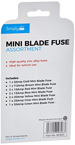 Simply BF820 Mini Blade Fuse Assortment - Set of 10 - Ideal for Vehicle Use, 10 Pieces and 7 Types 5A 7.5A 10A 15A 20A 25A 30A Multi-Function Car fuse