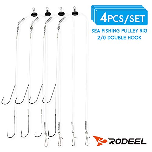 Rodeel 4 PCS Sea Fishing Rigs Pulley Rig Double & Single Hook Clipped (4 PCS Double Hook Pulley Rigs)