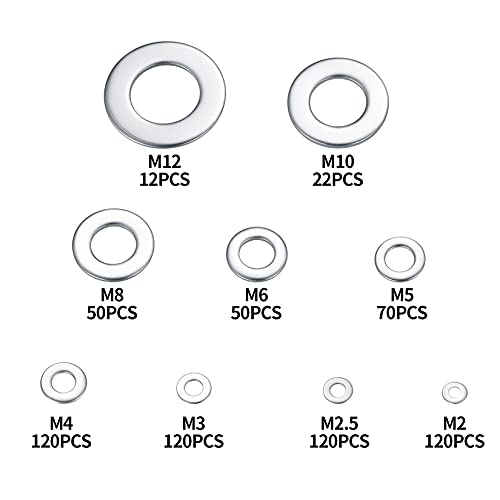 684 Pcs Flat Washer, Stainless Steel Lock Washer Spacers, Assorted Metal Washers Assortment for Home Decoration, Factories Repair Construction - M2/M2.5/M3/M4/M5/M6/M8/M10/M12