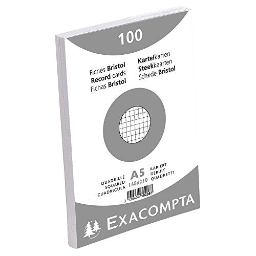 Exacompta - Ref 10208E - Bristol Squared Record Cards (Pack of 100) - A5 in Size, 205gsm Card, Compatible with Printers - Suitable for Exam Revision & Notes - White