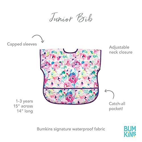 Bumkins Junior Bib, Adjustable Hook & Loop Closure, Catch-All Pocket, Baby-Led Weaning, Waterproof, Machine Washable, Stain & Odour Resistant, BPA Free, 1-3 Years, Watercolour Design