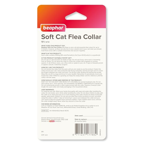 Beaphar, Soft Flea Collar for Cats, Kills Fleas For up to 4 Months, Veterinary Medicine, Adjustable With Safety Mechanism, For Cats From 12 Weeks of Age, 1 x Sparkle Collar, Colours May Vary