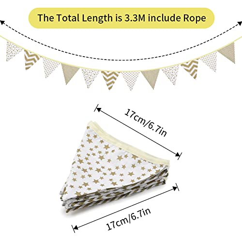 G2PLUS Gold Fabric Bunting Banner, 10.8 Feet Star Strip Cotton Garlands, 12PCS Double Sided Fabric Triangle Pennants for Birthday Wedding Afternoon Tea Garden Party