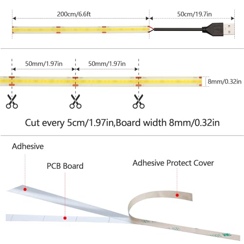 GOMING DC 5V USB COB LED Strip Light Cool White 6000K CRI 93and USB Powered 6.6ft/2M 320LEDs/M Indoor Use IP20 Flexible LED Tape Lights for TV Backlight,Cabinet,Home DIY Lighting