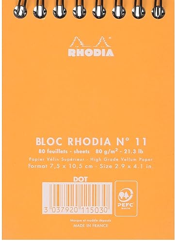 RHODIA 11503C - Spiral Notebook (Full Bound) Orange - A7 - Dotted Dot - 80 Detachable Sheets - 80G Clairefontaine Paper - Soft and Resistant Coated Card Cover - Classic