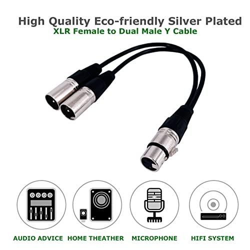 BRIEFCEC 2pcs XLR Y Cable, Microphone Splitter Cable XLR Female to Dual XLR Male 3 Pin Jack Splitter Cord Audio Adapter, Zinc Alloy Jack OFC Copper Cable(1 Female to 2 Male, 30CM, Silver)