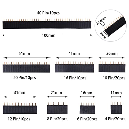 VooGenzek 120 PCS 2.54mm Breakaway PCB Board Pin Header Connector Strip Assortment Kit, Female Pin Header Socket Connector Strip, for Arduino Stackable Shield (4/6/8/10/12/16/20/40 Pin)