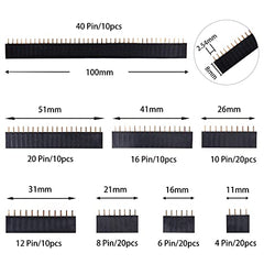 VooGenzek 120 PCS 2.54mm Breakaway PCB Board Pin Header Connector Strip Assortment Kit, Female Pin Header Socket Connector Strip, for Arduino Stackable Shield (4/6/8/10/12/16/20/40 Pin)