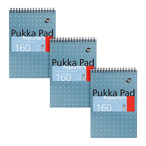 Pukka Pad, Reporter’s Pad 3 Pack for Home, School, and Office – 14 x 20.5cm – Wirebound, Head-Bound Notebook with 160 Pages of 80GSM Paper – Microperforated for Easy Removal – Blue