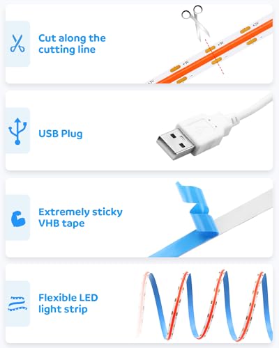 Aclorol COB LED Strip Light 5V USB Powered COB Led Light Red 3.28FT 320Leds CRI85and Flexible Led Light Strip 1M for TV Wall Secretaire Cabinet Bed Lighting and Other DIY Lighting