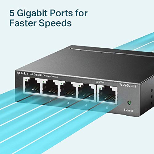 TP-Link TL-SG105S, 5 Port Gigabit Ethernet Network Switch, Ethernet Splitter, Hub, Desktop and Wall-Mounting, Sturdy Metal, Fanless, Plug and Play, Energy-Saving