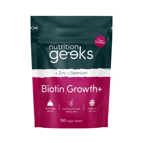 Nutrition Geeks Biotin Hair Growth Supplement - 180 Tablets Enhanced with Zinc & Selenium, Hair Vitamins Complex - Biotin 10000 mcg - Vegan, Hair Skin and Nails Vitamins for Women & Men UK