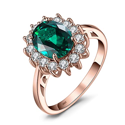 JewelryPalace Princess Diana Kate Middleton Gemstone Birthstone Green Emerald Halo Statement Engagement Rings for Women, 14K Rose Gold Plated 925 Sterling Silver Promise Rings for Her Size 6