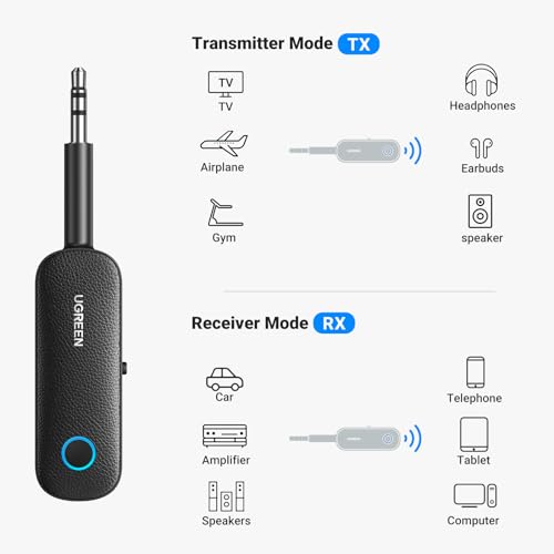 UGREEN Bluetooth Transmitter Receiver, Wireless Aux Bluetooth Adapter 3.5mm, Bluetooth 5.0, Long Battery Life, Dual Connection for TV, Home Stereo, Airplane, Gym, Speakers, Car and More