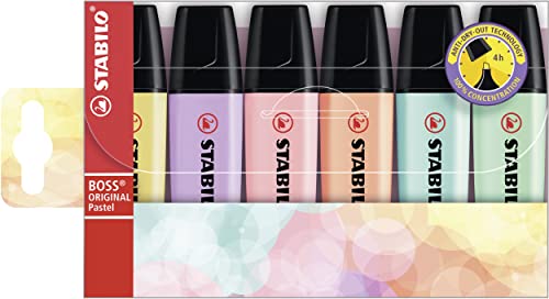 Highlighter - STABILO BOSS ORIGINAL Pastel - Pack of 6 - Milky Yellow, Creamy Peach, Pink Blush, Lilac Haze, Hint of Mint, Touch of Turquoise