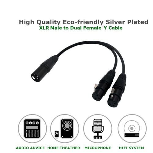 BRIEFCEC XLR Splitter Cable, Microphone Y Cable XLR Male to Dual XLR Female 3 Pin Jack Splitter Cord Audio Adapter, Zinc Alloy Jack OFC Copper Cable(1 Male to 2 Female, 30CM, Black)