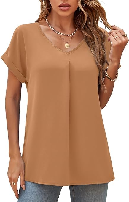 Yommay Blouses for Womens V Neck Ladies Tops Summer Chiffon Blouses Tops Short Sleeve Casual T Shirts,Brown,M