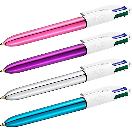 BIC 4 Colours Shine Pens, Multicoloured Pen, Retractable Ballpoint Pens, Biro Pens, Medium 1.0mm, Green, Blue, Black, Red, 3 Pens Per Pack, 1 Pack